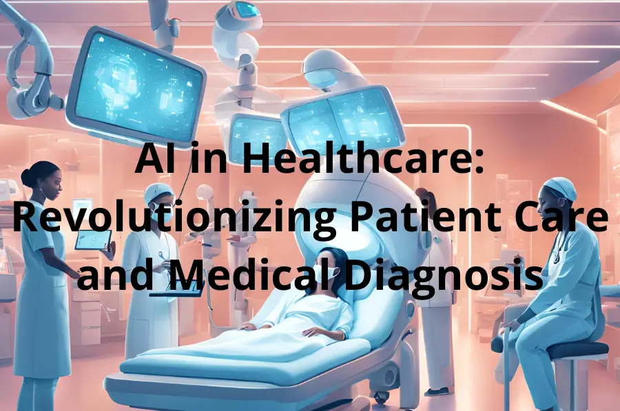 AI in healthcare revolutionizing patient care: Futuristic hospital room with AI-powered screens, medical devices, and healthcare professionals attending to a patient