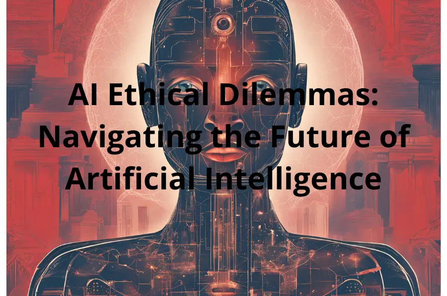 AI ethical dilemmas illustrated by a futuristic robotic head with glowing circuits, representing the complex challenges in artificial intelligence development